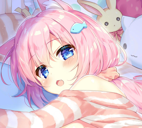 Anime girl in bed with pink hair